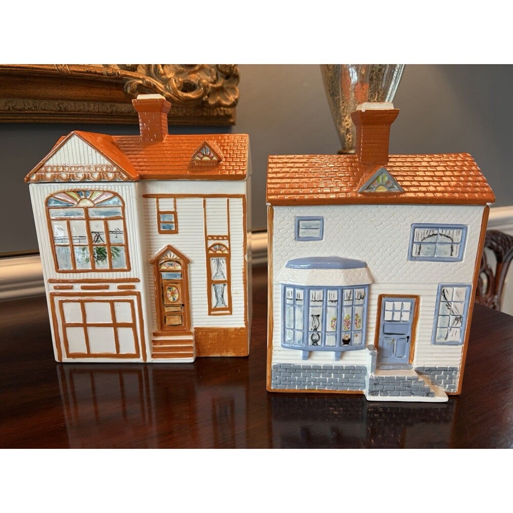 Vintage Victorian House Ceramic Cookie Jar Canister Set of 2